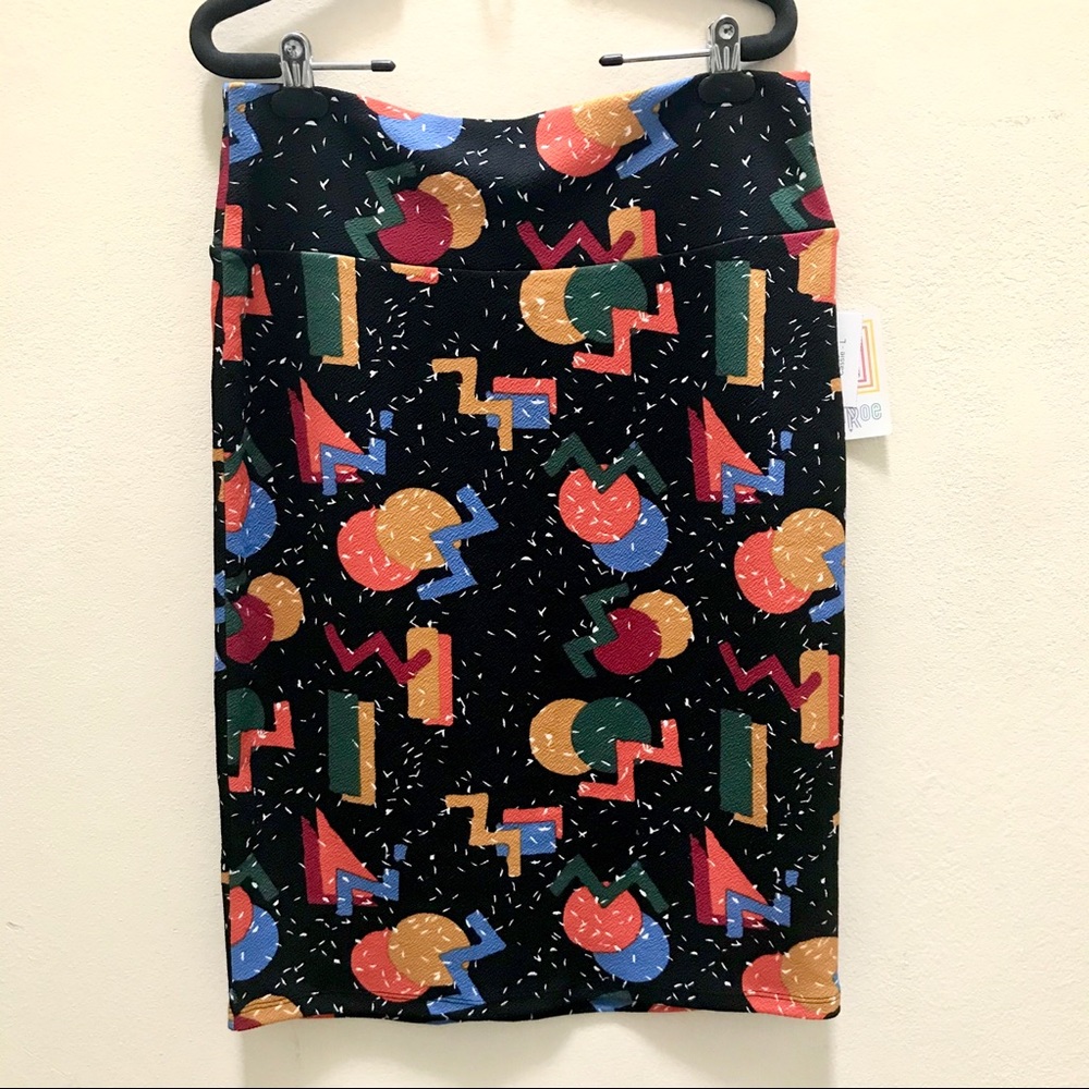 Lularoe Cassie Pencil Skirt Size L Orange green blue maroon mustard on black